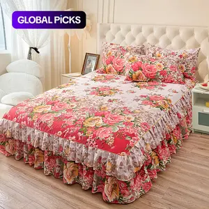 Floral Print Ruffled Edge Bed Skirt Set, 3-Count Soft Bedding Set Including 1 Bed Skirt and 2 Pillowcases without Filler, Comfy Decorative Bedding for Home Bedroom