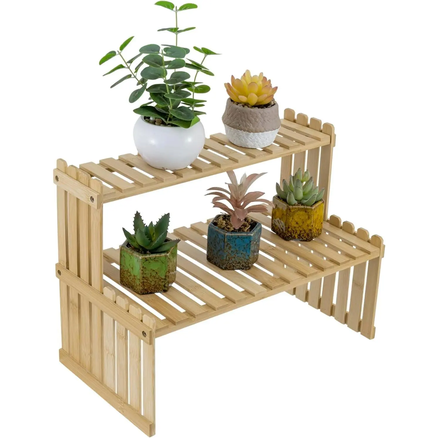 Natural Bamboo Indoor Plant Stand for Desk, 2 Tier Desktop Shelf Organizer Rack with 2 Slatted Shelves