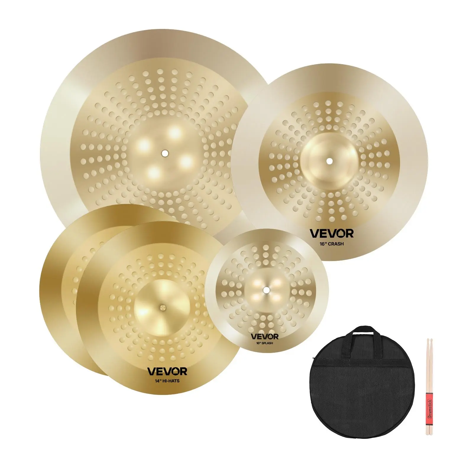 【DealsForYouDays】VEVOR Cymbal Pack, 4 Pieces Cymbals for Drum Set, Alloy Cymbals Drum Set Includes 14-inch Hi-Hats, 16-inch Crash, 20-inch Ride, 10-inch Splash, Drumsticks Cymbal Bag, Alloy Cymbal Pack for Drummer