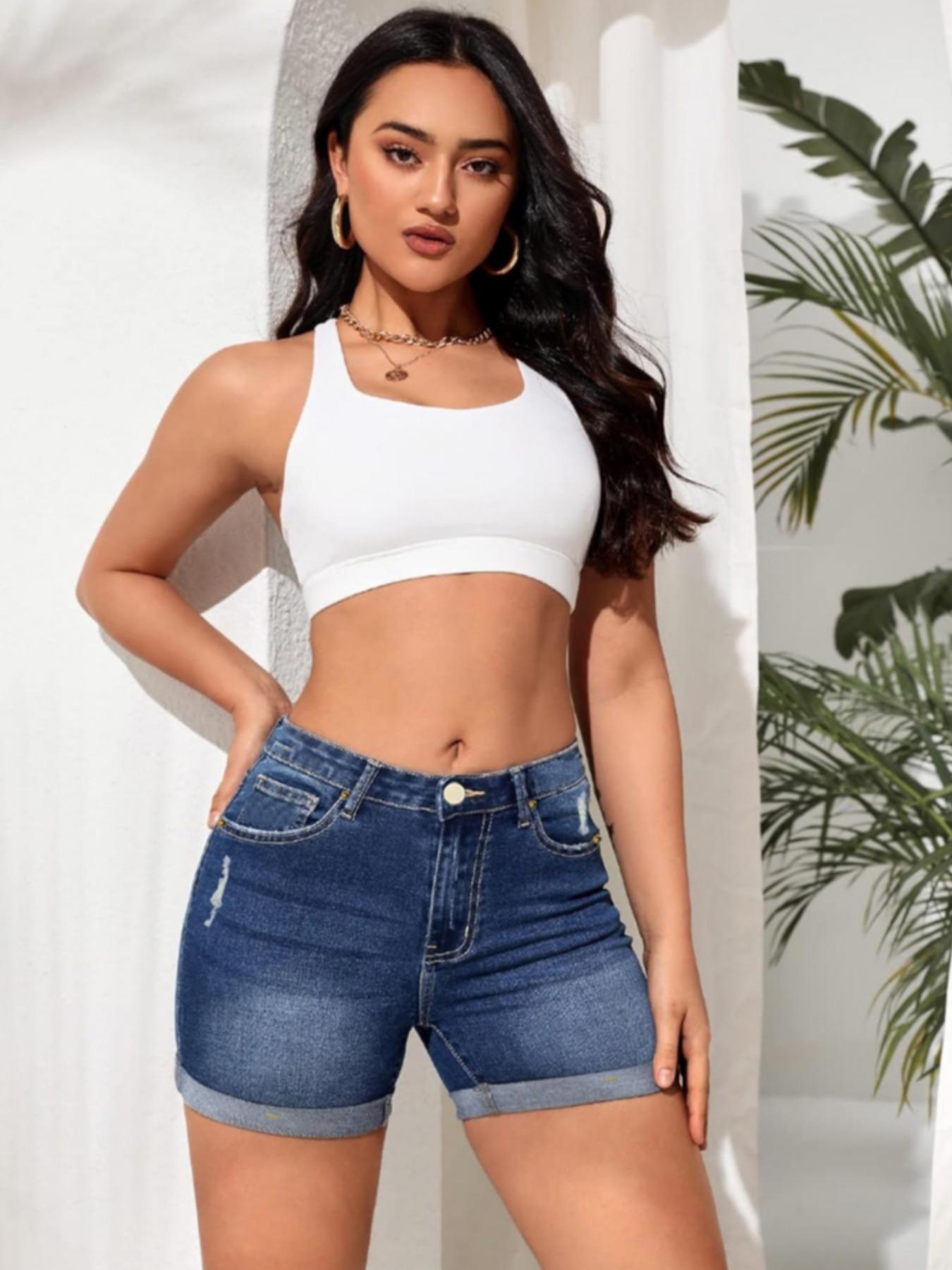 Women's Ripped Pocket Denim Shorts, Casual Stretchy Denim Shorts for Daily Wear, Ladies Bottoms for Summer, Womenswear