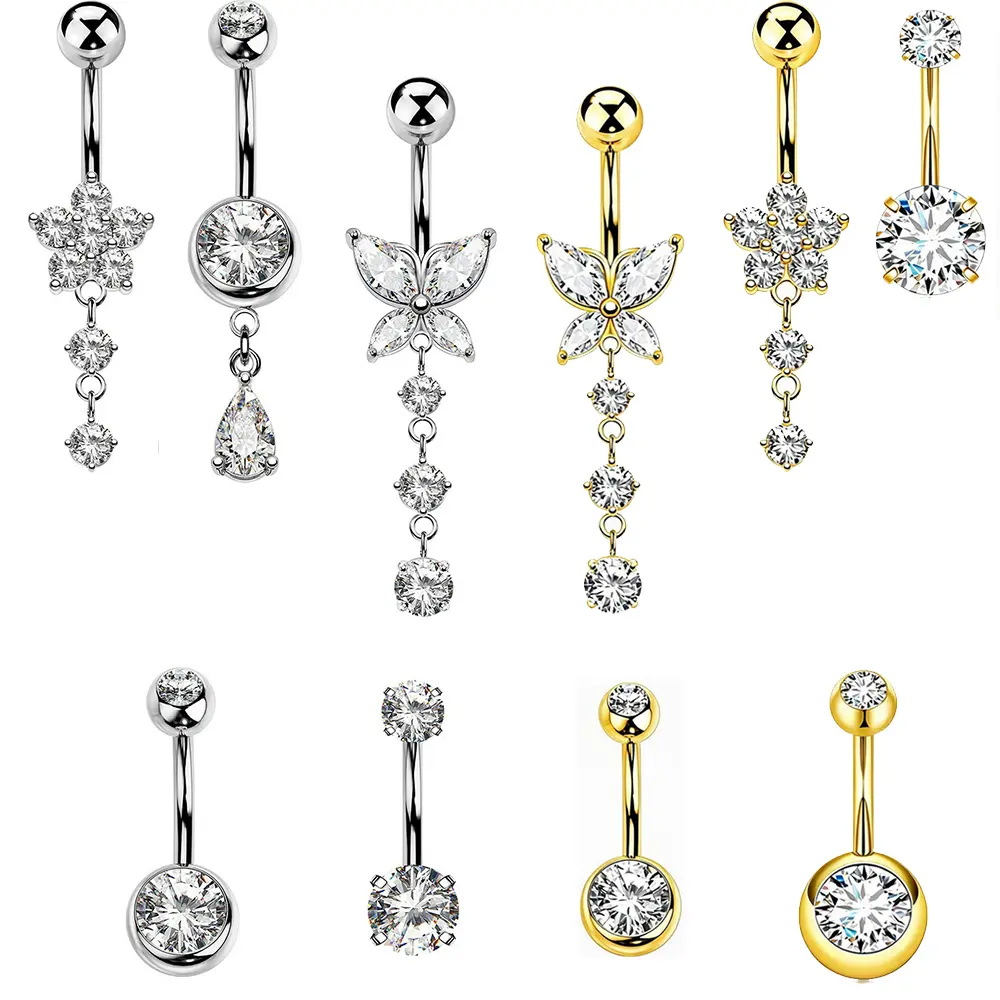 14K Gold Plated Sexy Belly Button Rings, 5Pcs Women 14G Dangle Navel Piercing Jewelry Set Surgical Stainless Steel Body Jewelry Shiny CZ Butterfly Cubic Zirconia Flower Teardrop Barbell for Beach Festival Daily