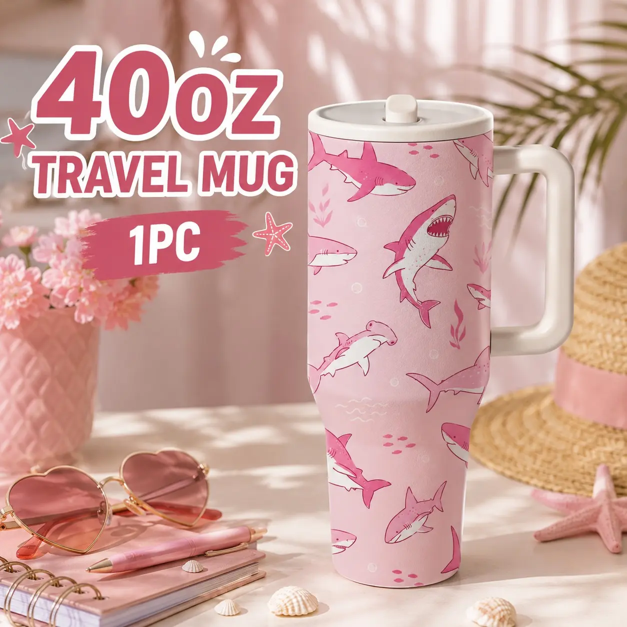 1 Pc 40oz Shark Print Insulated Tumbler with Handle, Double Wall Stainless Steel Travel Mug, Leak-Proof Lid, Keeps Drinks Cold 24H & Hot 12H, Ocean Sea Life Coffee Cup for Beach, Travel, Office, Camping, Gift for Men, Women & Shark Lovers