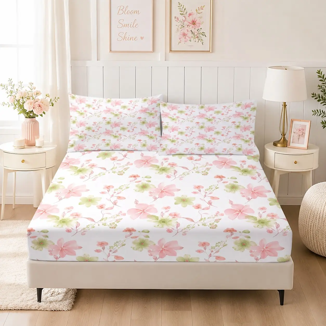 Watercolor Floral 3-Piece Fitted Sheet Set, 1 Fitted Sheet + 2 Pillowcases (No Inserts), Deep Pocket Skin-Friendly Bedding, Pastoral Decor for Girls’ Bedrooms, Dorms & Apartments, Gift for Birthdays, Housewarmings & Holidays
