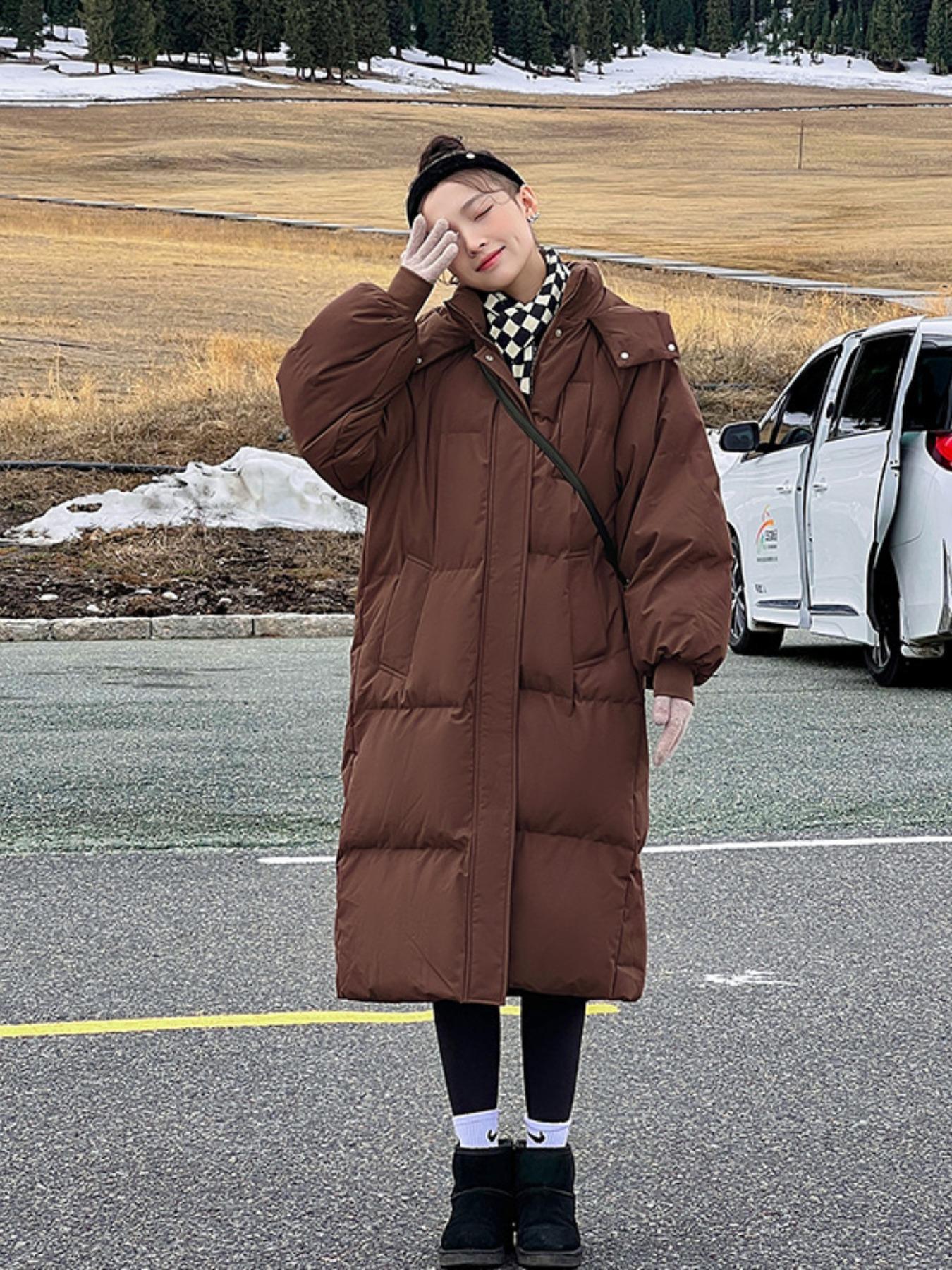 Women's Solid Button Front Pocket Zipper Drop Shoulder Midi Winter Coat, Jackets, Casual Long Puffer Coat For Fall & Winter, Women's Clothing For Daily Wear