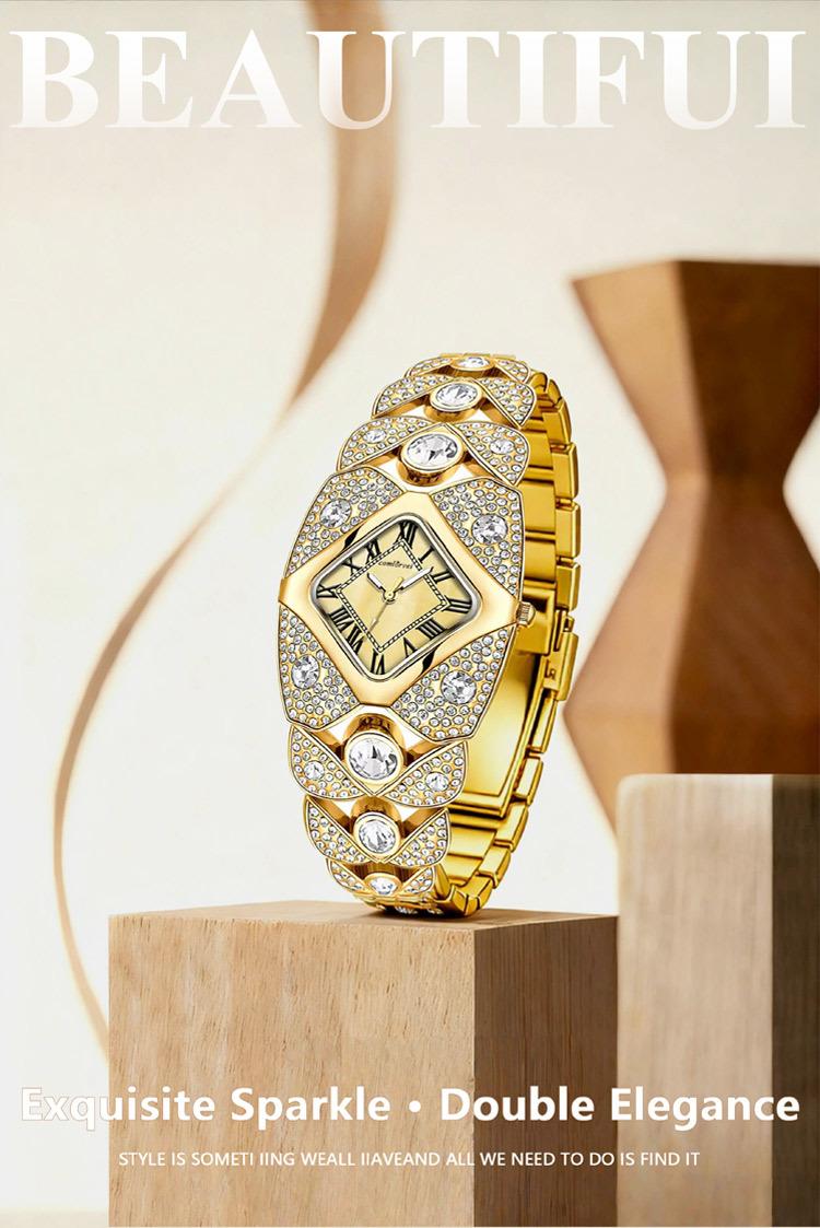 Women's Luxury Gold Iced Out Diamond Bracelet Watch - Square Mother of Pearl Dial with Roman Numerals, Fully Bling Crystal Encrusted Quartz Wristwatch, Perfect Gift for Her