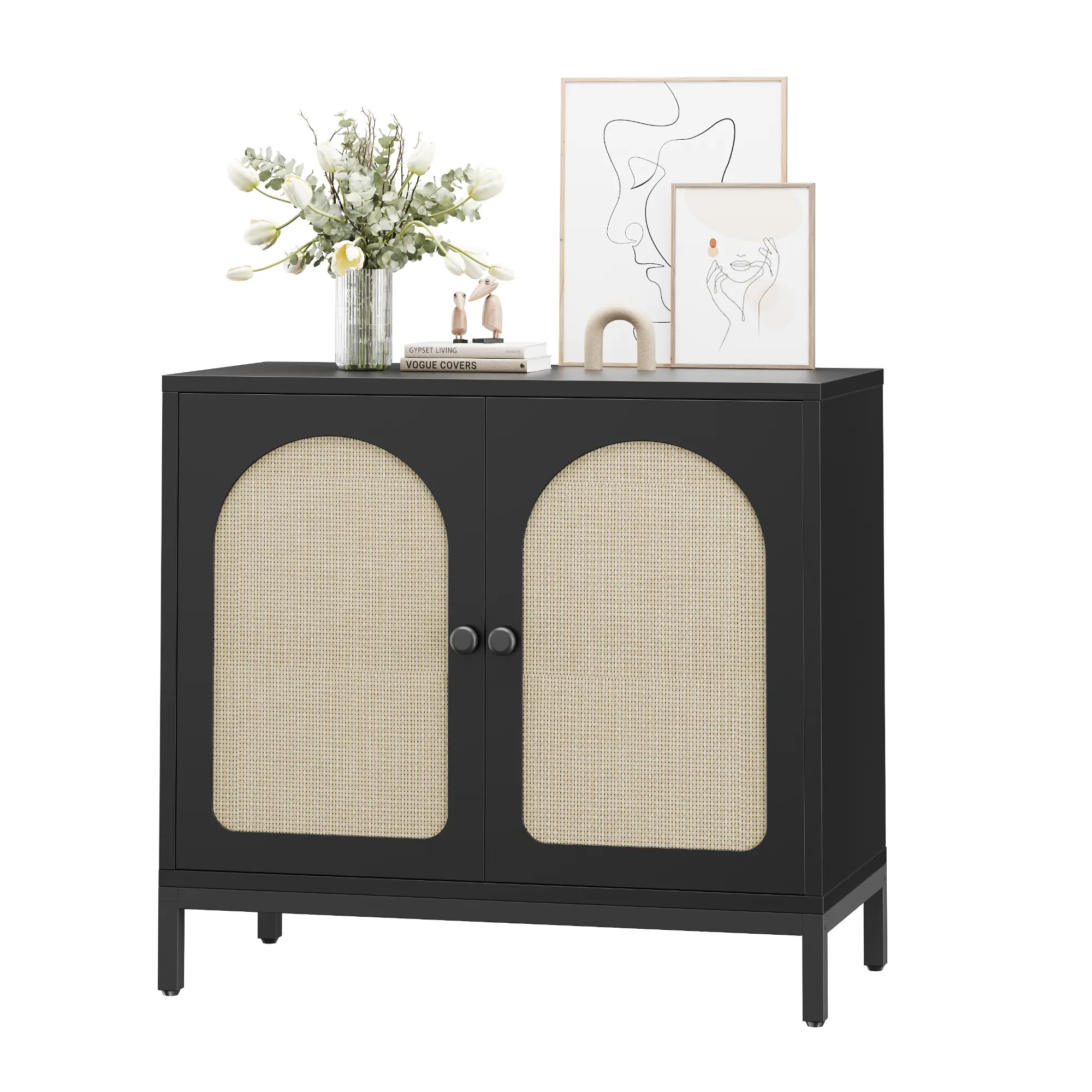 Buffet Cabinet with Storage, Two-Door Rattan Accent Cabinet with Arch Carving, Adjustable Shelf, Kitchen Sideboard Console Table