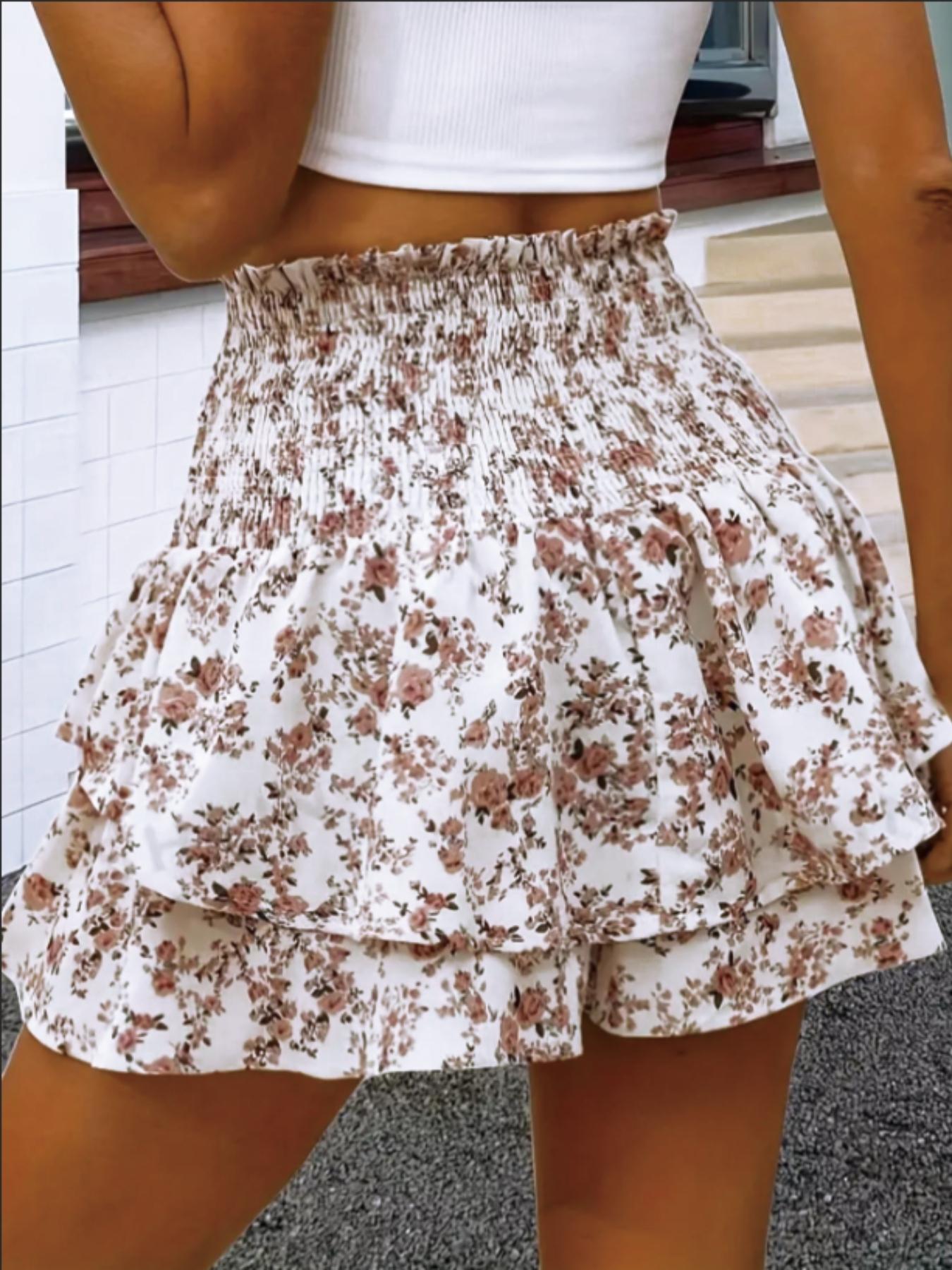 Women's Floral Print Woven Frill Trim Shirred Tiered Layer Shorts, Casual Lightweight Loose High Waist Tie Front Drawstring Wide Leg Shorts for Spring & Fall, Women's Bottoms for Daily Wear, Womenswear