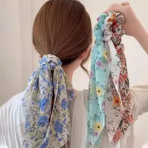4pcs Floral Print Chiffon Scrunchie Scarf with Long Ribbon Tail, Lightweight Elastic Hair Tie, Perfect for Half-Up Ponytail & Casual Hairstyles.