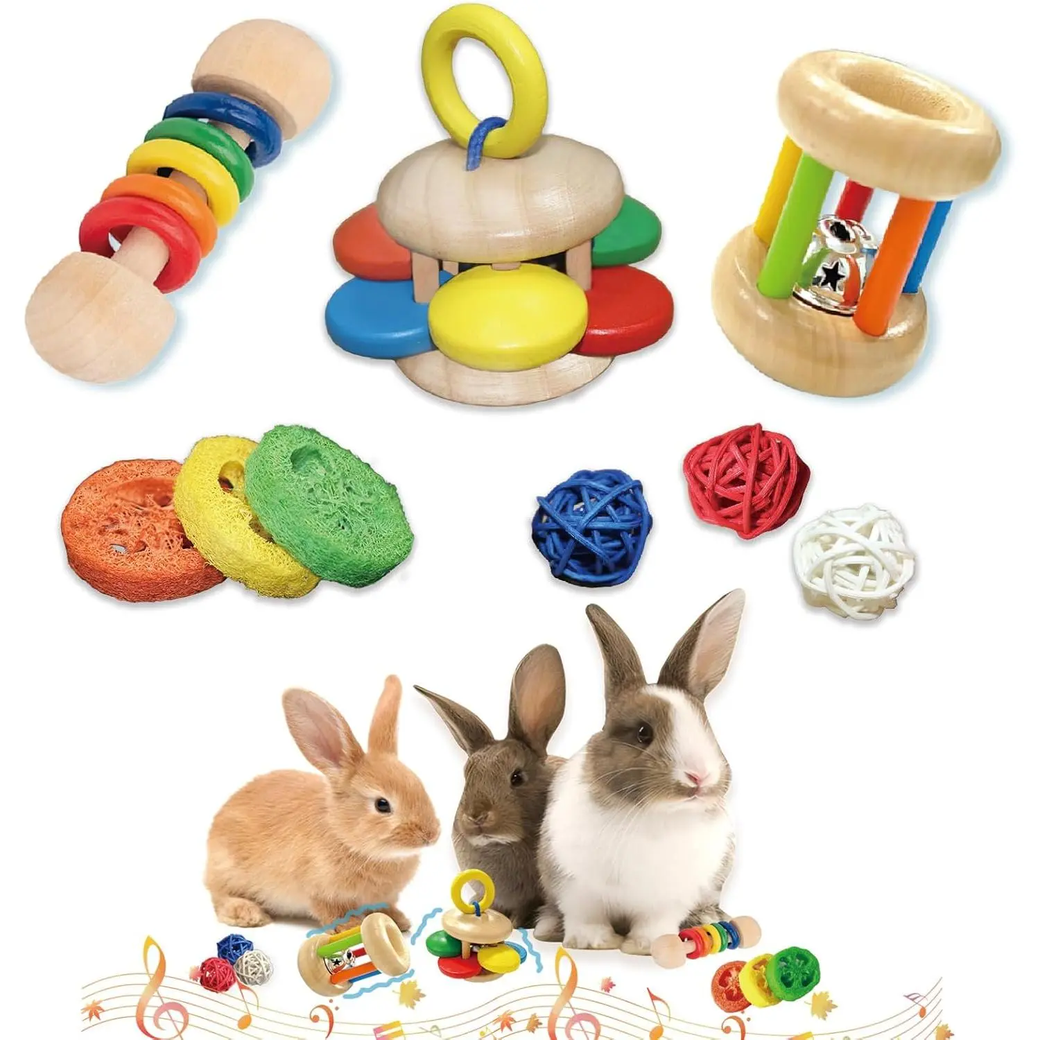 9PCS Wooden Bunny Safe Chewing Toy Set - Teeth Grinding Supplies for Small Animals (Rabbits) - Indoor/Outdoor Use, Halloween Pet Accessories