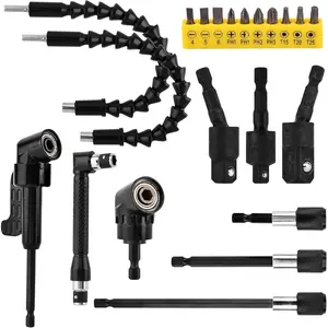 21 count Flexible Drill Bit Extension Set Includes 105? Right Angle Drill Adapter 360? Rotatable 1/4 3/8 1/2"  Grade Socket Adapter Drills Bit Holder 10 Short  Bits(COLOR:black)