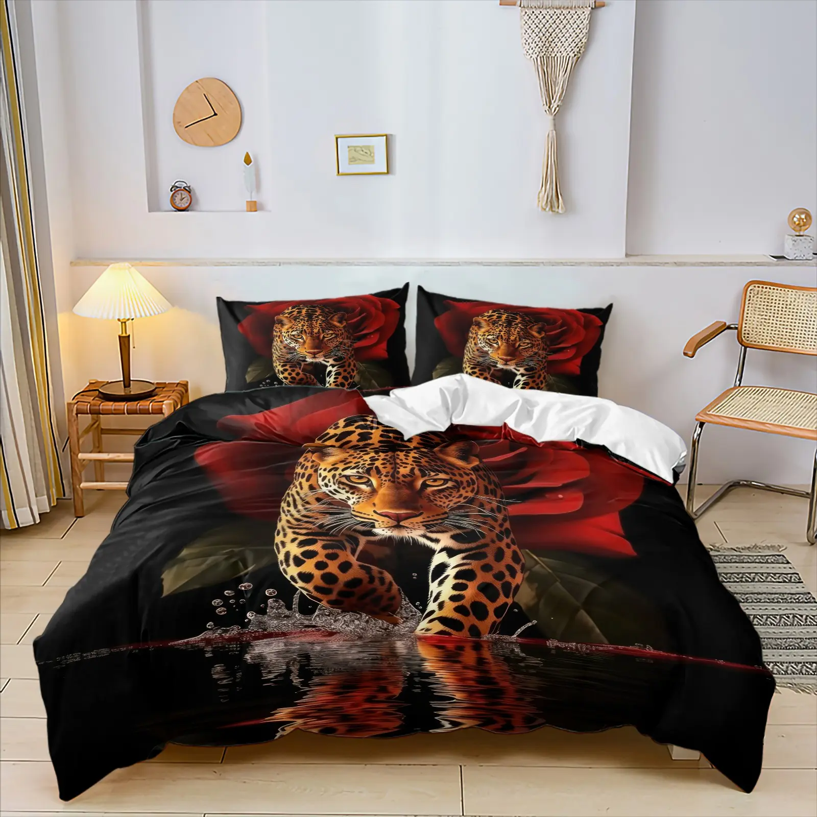 Vintage Leopard Rose Print Duvet Cover Set, Realistic Leopard and Rose with Dark Luxury Visual Design, Suitable for Niche Gothic, Cool Girl Styles  and Stylish Youth Bedrooms, 1 Cover with 1-2 Pillow Shams