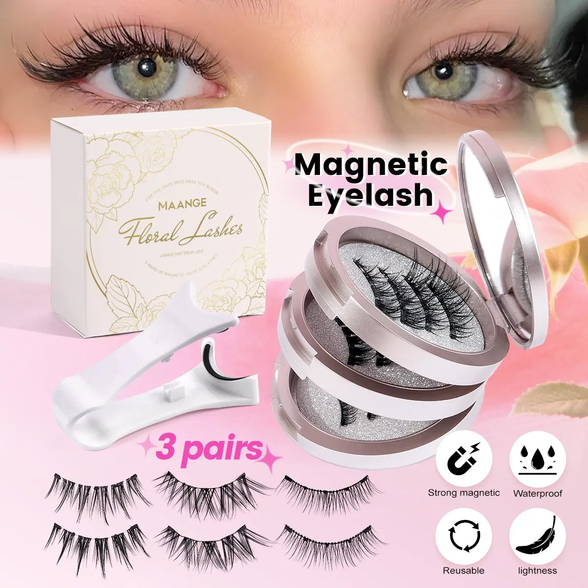 MAANGE 3 Pairs Magnetic Eyelashes Set, 3 Styles D Curl Natural Volume False Eyelashes, No Glue with Applicator, Lightweight & Seamless Blend, Soft Wispy Effect, Ideal for Daily & Occasions