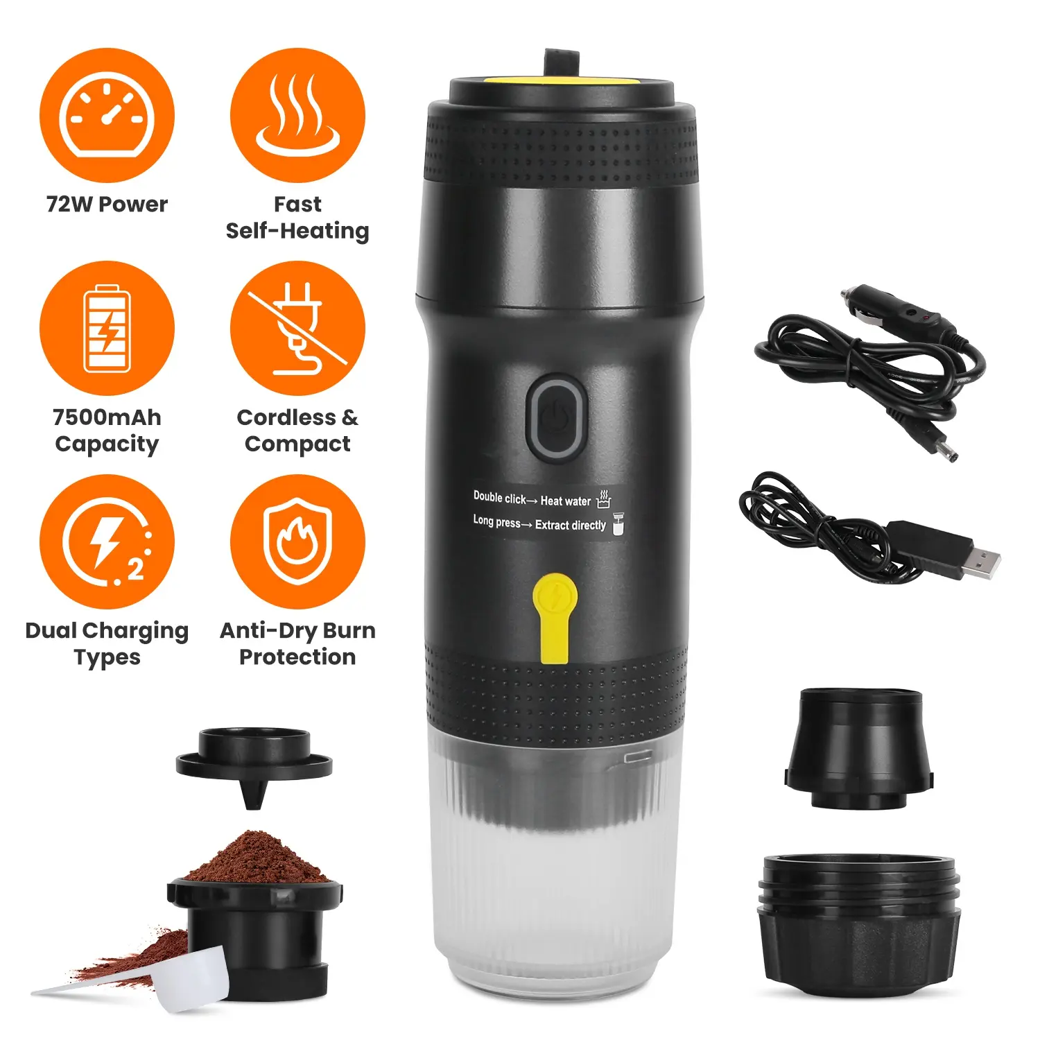 Portable Electric Espresso Machine Cordless Coffee Maker Self-Heating Car Espresso Maker with Anti-Dry Burn Fit for Ground Coffee/NS/DG Capsules for C