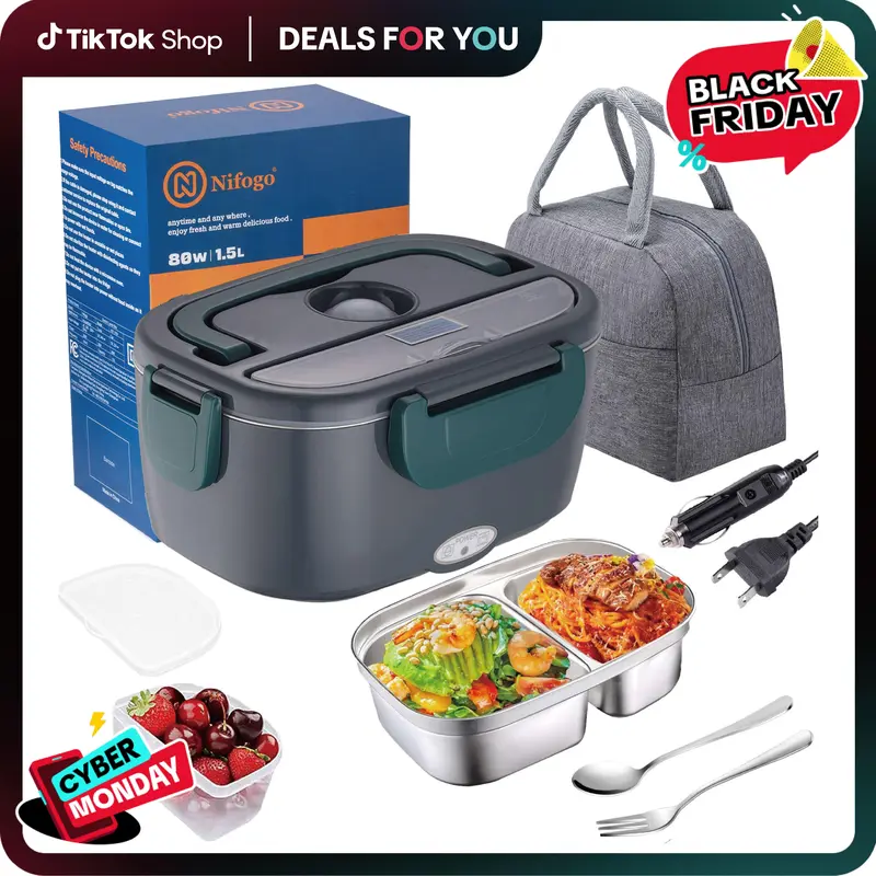 1.5L Electric Lunchbox - 80W Fast Heating Portable Hot Food Container, Insulated Compartments Bento Box, Tableware Gift Set (Fork, Spoon), Carry Bag for Adults' Car & Home Use