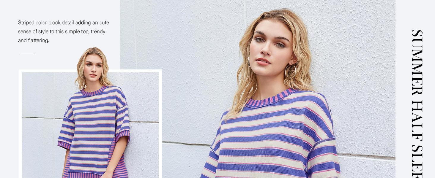 Imily Bela Womens Oversized Striped Shirt Summer Half Sleeve Tops Crew Neck Sweatshirts Casual Blouse