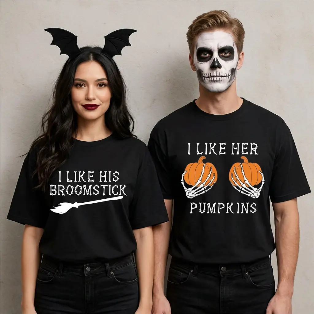 I Like His Broomstick I Like Her Pumpkins Shirt, Couple Matching Halloween Fun Shirt,Funny Matching Halloween Tee,Couple Halloween Party  Tee Graphic  design unisex cotton T-shirt 