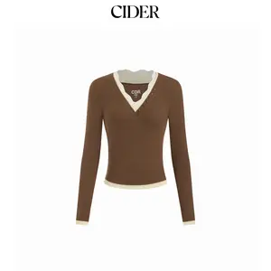 Cider Cotton-blend V-neck Lace Panel Long Sleeve Top SummerFinds
