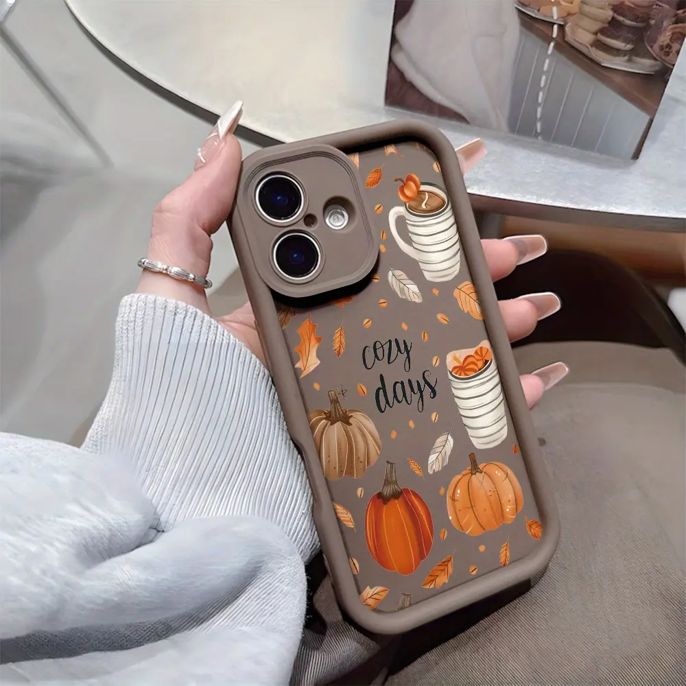 Phone Case - Warm Fall Pumpkins Coffee Maple Leaves Phone Cover, Comprehensive Shock-Resistant Stylish Mobile Case for Iphone 17/16E/16/15/14/13/12/11/8/7 Pro/Pro Max/Plus/X/Xs/Xr/Xs MAX, Lens Safeguarding, Protective Phone Shell, Presents