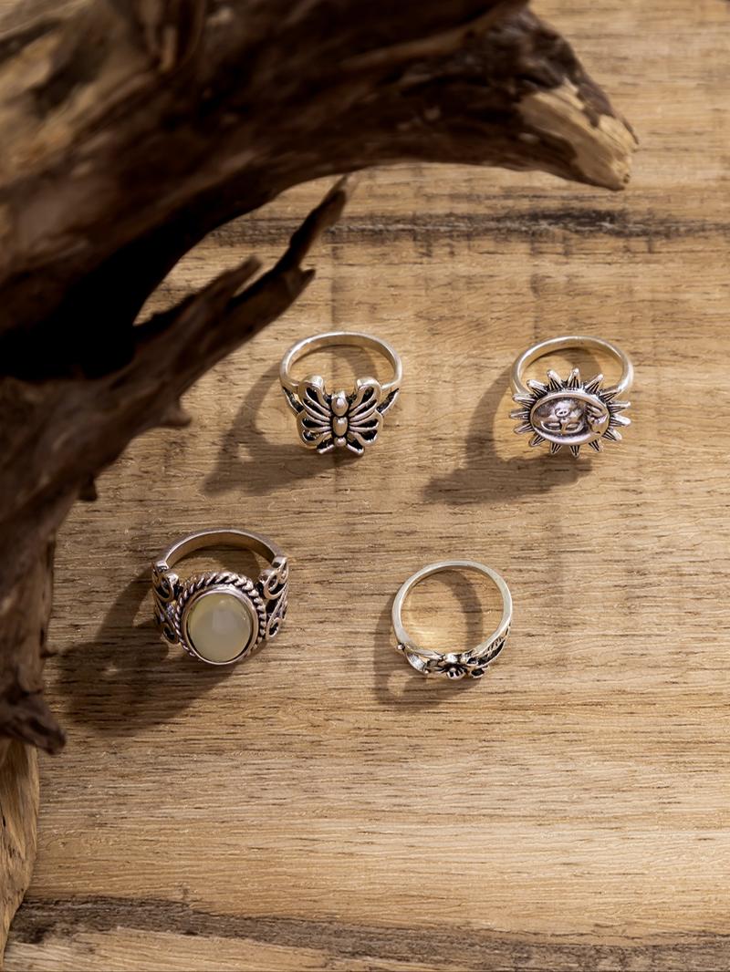 4pcs/set Vintage Butterfly & Flower Design Grunge Ring Bundles Kit, Streetwear Stack Ring, Fashion All-match Accessories for Women & Girls