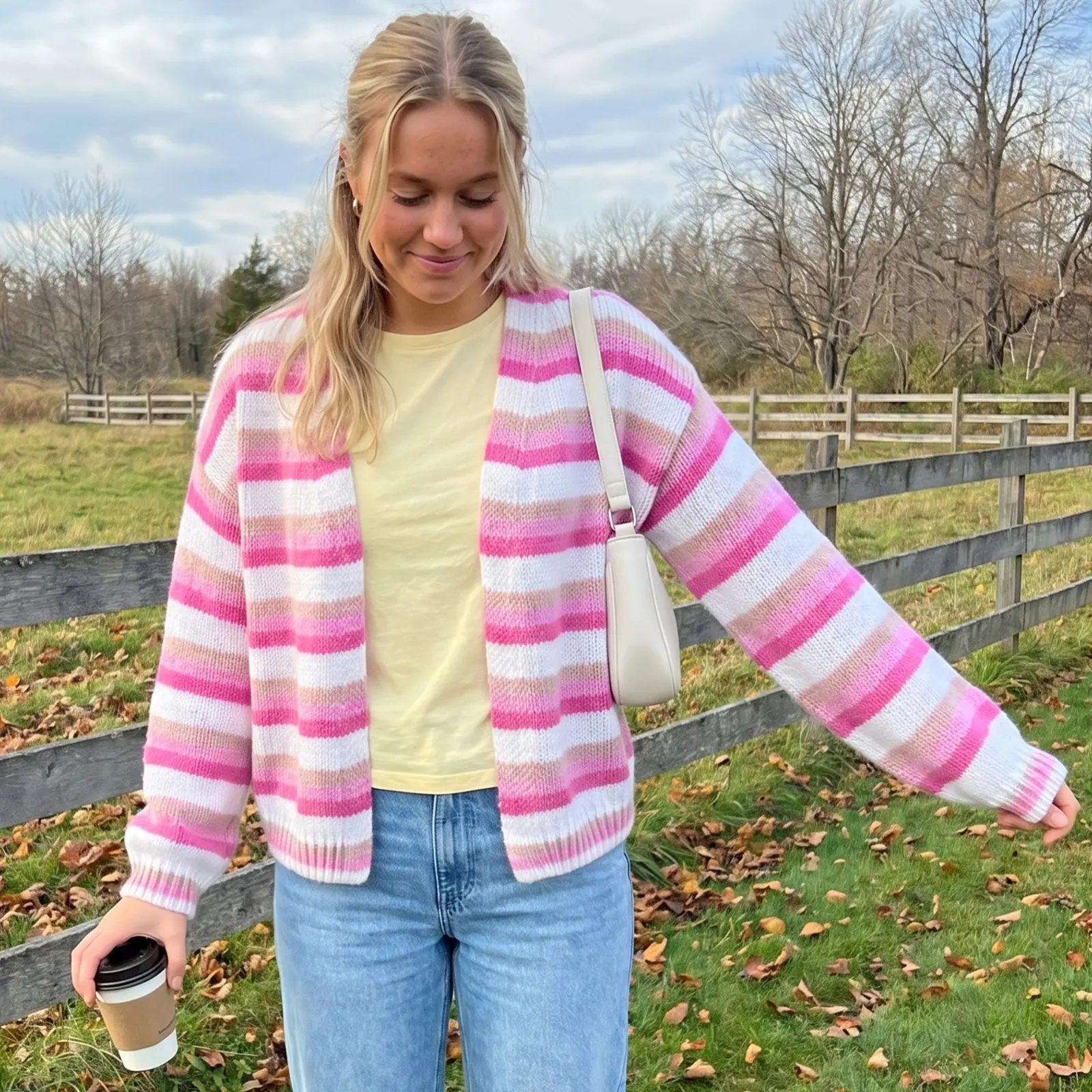 Women's Striped Knit Cardigan Open Front Long Sleeve V Neck Chunky Sweater Fall Winter Casual Cute Jacket Striped Sweater