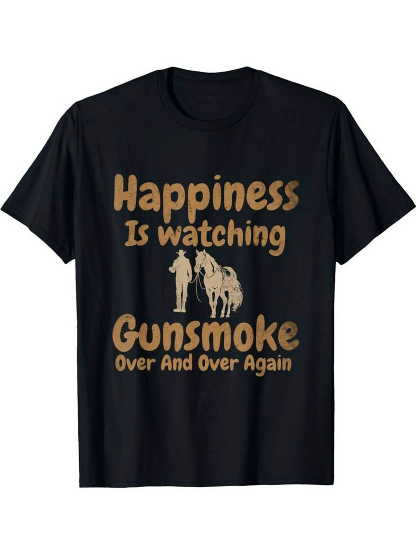 Vintage Graphic T-Shirt - Happiness Is Watching Gunsmoke Over And Over Again, Retro Cowboy and Horse Illustration on Black Fabric, Casual Crew Neck Tee for Classic Style Lovers