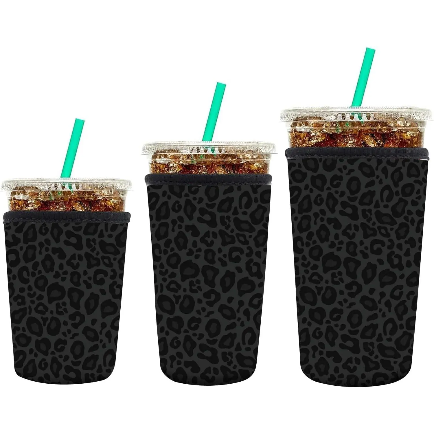 3 Pack Reusable Neoprene Insulator Sleeve for Iced Coffee Cups, Funny Coffee Cup Sleeves for 16-32oz Coffee cups, Cute Drink Sleeve for Cold Hot Beverages Cute Black Leopard