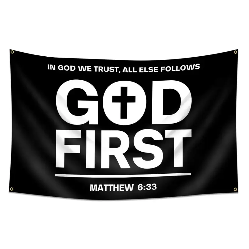 GOD FIRST Flag 150x90cm Single Sided Flag with 4 Brass Grommets - Jesus Christ American Polyester Flags for Outside or Inside, Jesus Bedroom Wall Decor, Christmas Banner, Outdoor Balcony Yard Decor, Yard Sign Banner