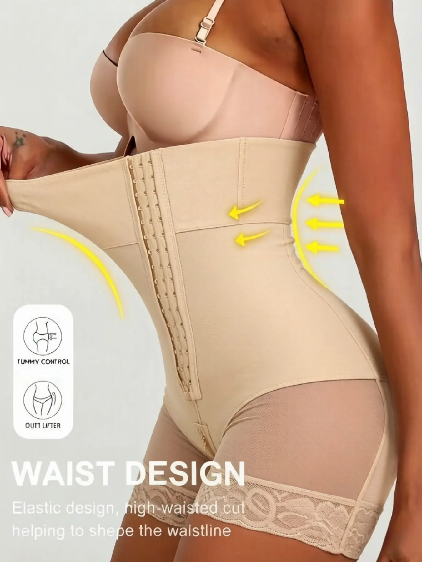 1 Count Women's High-Waisted Front Closure Shapewear Briefs, Colombian Shapewear, Butt Lifting And Tummy Control Tight-Fitting Bottoms, Solid Color Crotch Zipper Design Shorts, Fajas, Anti-Slip Lace Trim Shaping Panties, Suitable For Training Or Sports