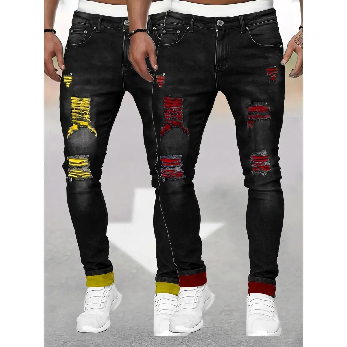 Men's 90s Look Ripped Slim Fit Stretch Elastane Dark Denim Jeans with Contrast Color Patches, 2-Pack Casual Streetwear All Season Long Pants, Casual Jeans Menswear American Vintage Style