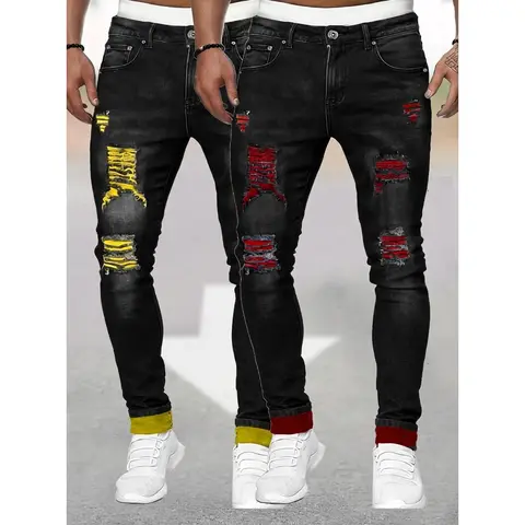 Men's 2-Pack Heavy Distressed Ripped Slim Fit Elastic Dark Denim Fabric Jeans - Early 2000s Aesthetic Retro American Vintage Streetwear, Contrast Color Large Patch All-Season Casual Mens Clothing Pants
