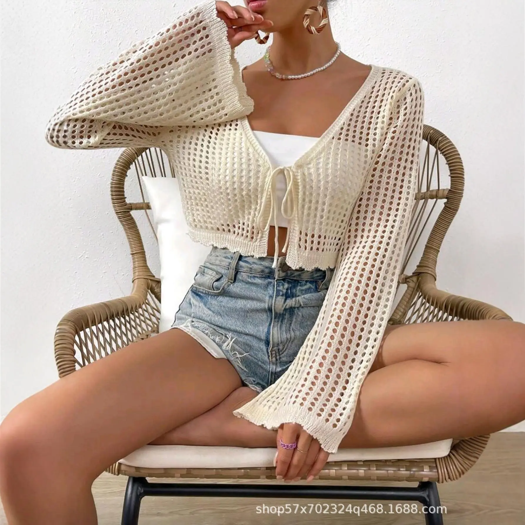 Short V-Neck Lace-Up Cardigan with Flare Sleeves, Aesthetic Women's Open-Knit Knitwear for Summer Beach Vacation, Tops, Aesthetic Women's Cardigans, Casual, Angelic Lace Women's Cardigans