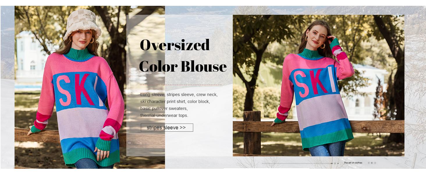 Yousify Womens Sweaters Fall 2024 Oversized Color Block Ski Sweater Crewneck Winter Tops S-2XL
