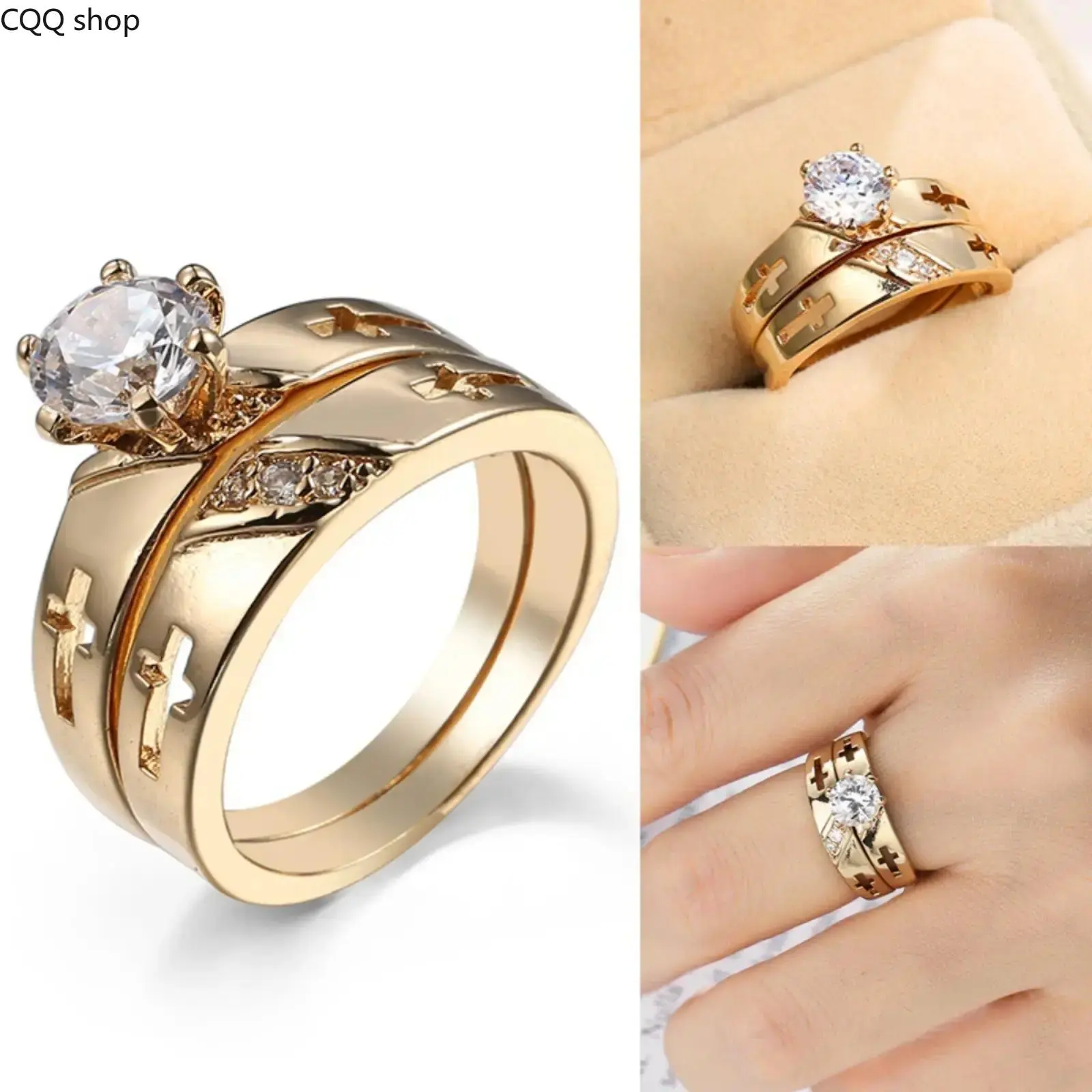 Gold‑Plated Geometric Stacking Ring Set, Unisex Interlocked Rings with White Zircon, Minimalist Couple Jewelry for Daily Dating Party Occasions