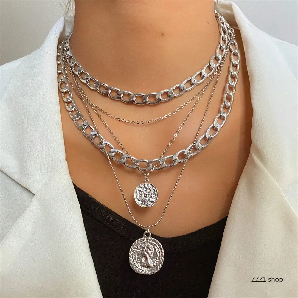 Women’s Layered Disc Pendant Necklace - Stackable Set with Multi Round Tags Chain, Minimalist Fashion Accessory for Casual Wear & Camping/Hiking Hammock Outings