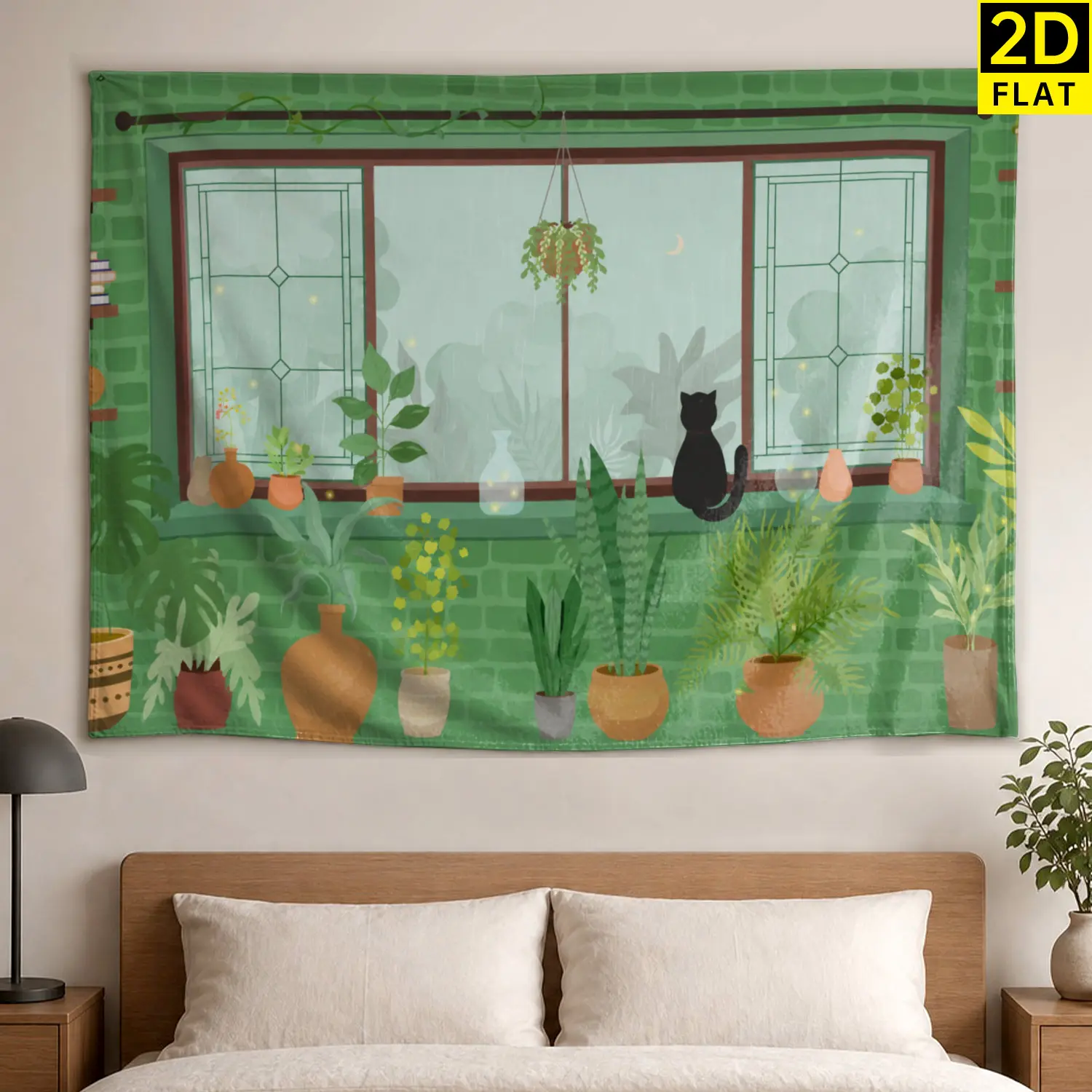 Large Horizontal Polyester Wall Tapestry - Green Rainy Window Print with Potted Plants & Black Cat Design, Hangable No-Installation Home Decoration, Room Decorations Wall Hanging for Living Room, Holiday Gift for Family