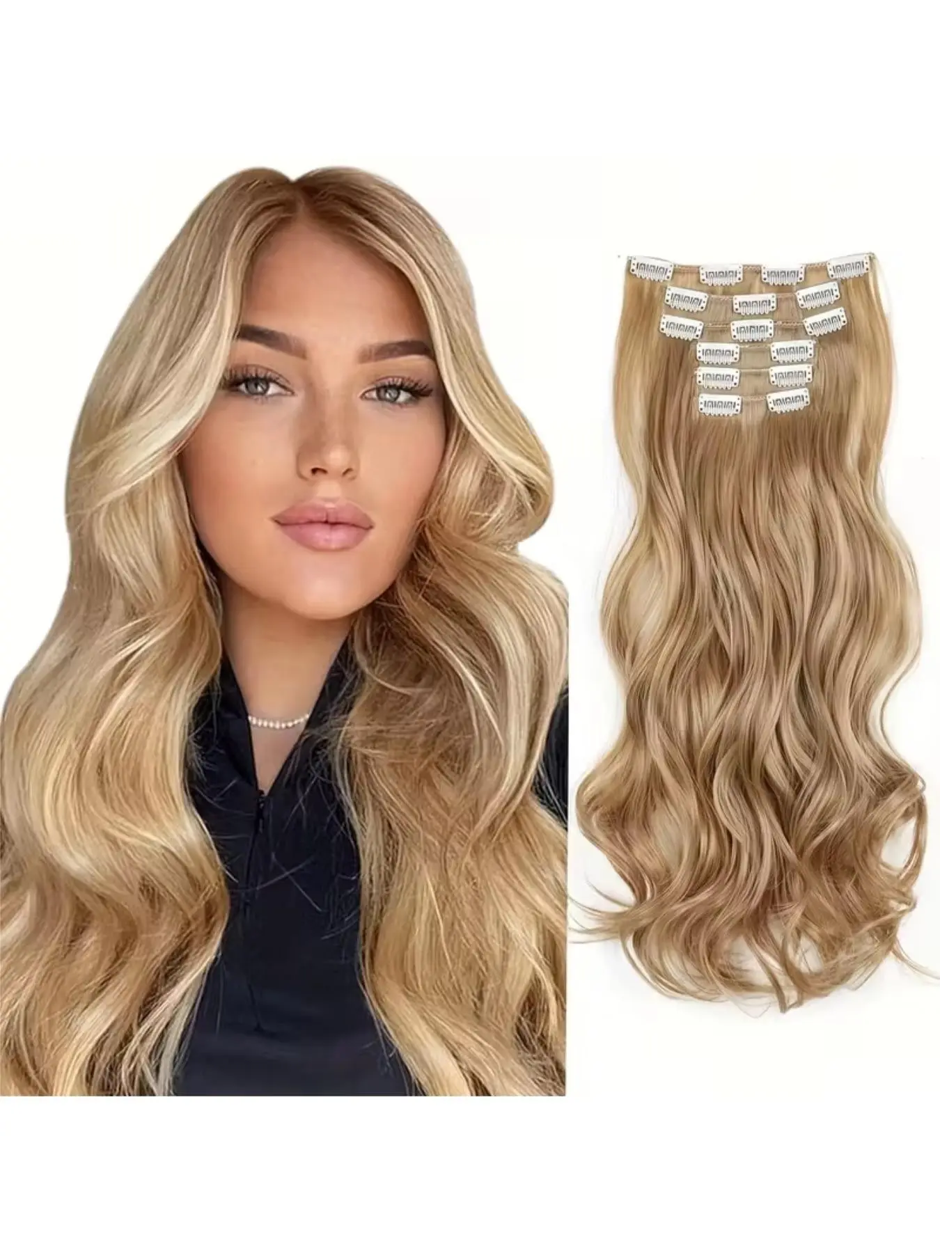 18 Inch Big Wave Clip On Synthetic Hair Extensions 6 Pieces Gradient Color Voluminous Hairpieces with Clips Soft Fluffy Natural Looking Hair Extension for Women Hair Styling Volume Boost