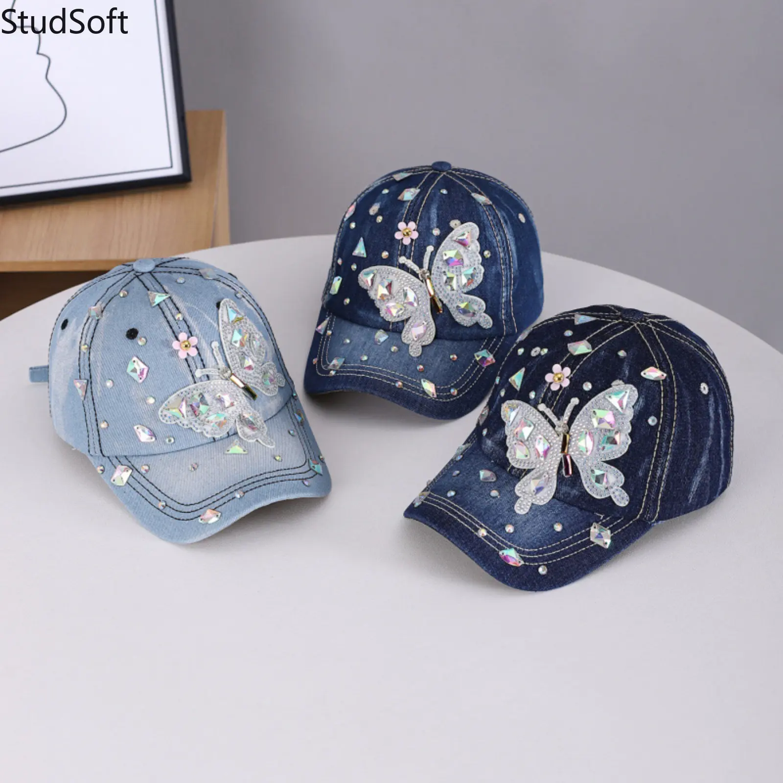 Womens Denim Baseball Cap Y2K Rhinestone Butterfly Adjustable Snapback Hat Bling AB Crystal Sun Visor Girly Hip Hop Headwear For Summer Travel