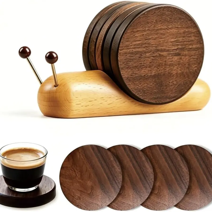 5-Pcs Cute Snail Coaster Set with Holder,Natural Wooden Coasters for Drinks with Magnetic,Unique Aesthetic Coasters for Desk & Coffee Table,Decorative Snail Gifts,Modern Home Decor,House Warming Gifts