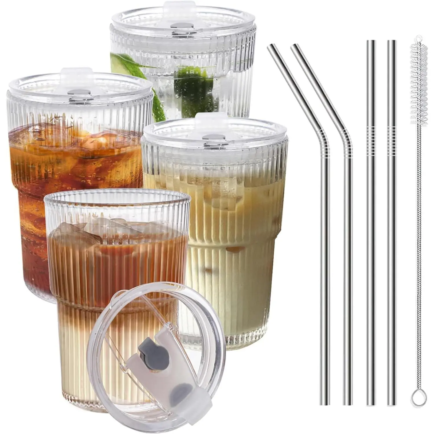Iced Coffee Cups With Lids and Straws 4 Pcs, 16 OZ Unbreakable Glasses Drinking Set,Clear Plastic Cups Reusable Iced Coffee Tumbler with Lid and Straw, To Go Coffee Cups Dishwasher Safe
