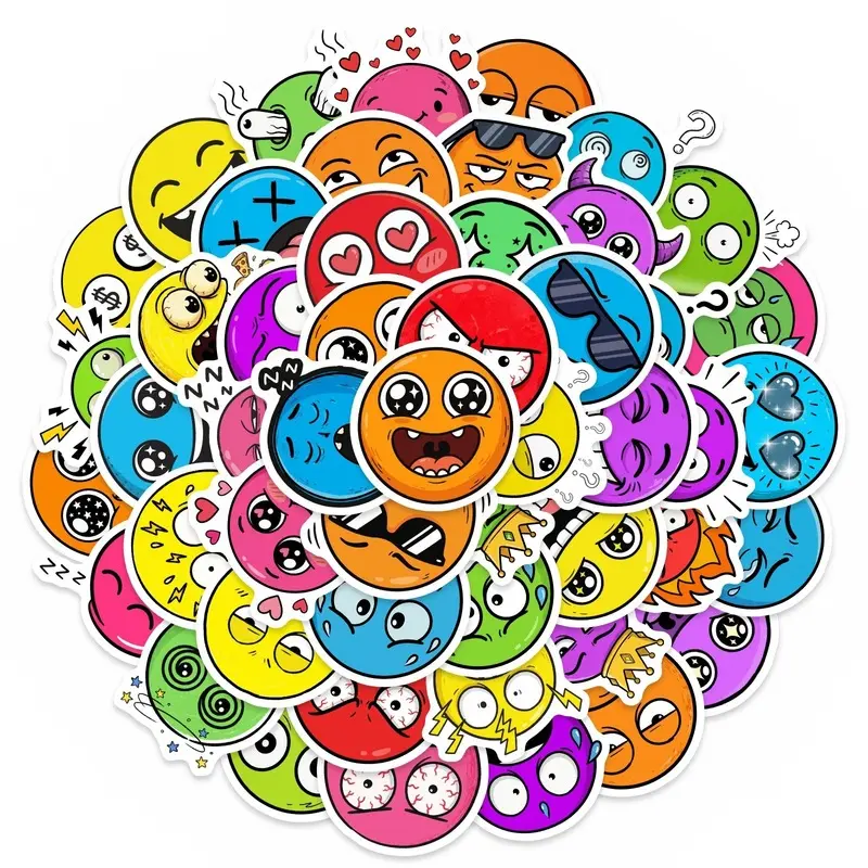 50 funny colorful emoji stickers for fun doodling, expressing emotions, and decorating luggage and notebooks