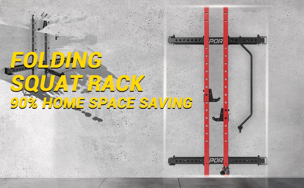 GARVEE Folding Squat Rack for Home Gym with 2.36" x 2.36" Frame, Folding Power Rack Featuring Pull Up Bar, J Hooks, Landmine Attachments, 1000 LBS Capacity, Wall Mounted and Space Saving Design