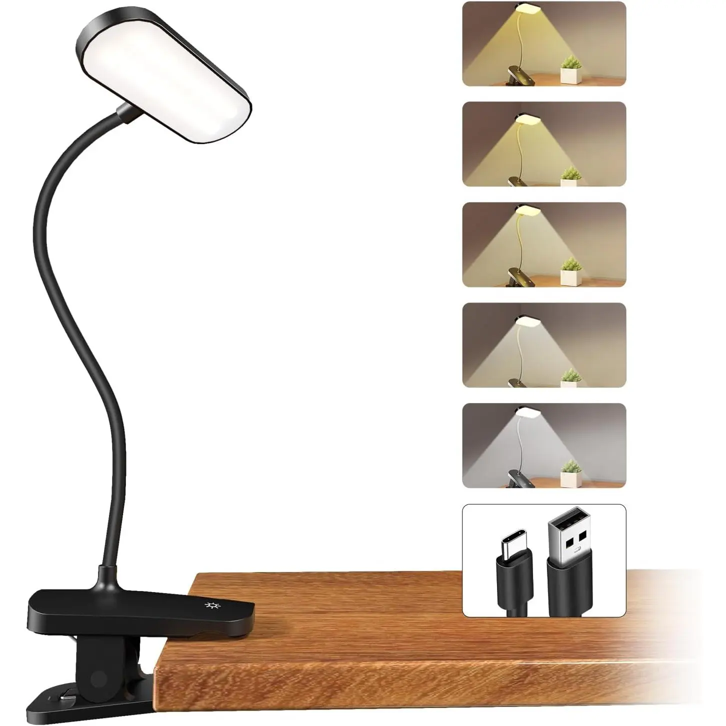 Adjustable Arm Clip-On Desk Lamp - USB-C Rechargeable 38LED Light with Flexible Goose Neck, 5 Colors & 5 Brightness Levels for Dormitory Studying, Puzzles, Working Videos (Black)