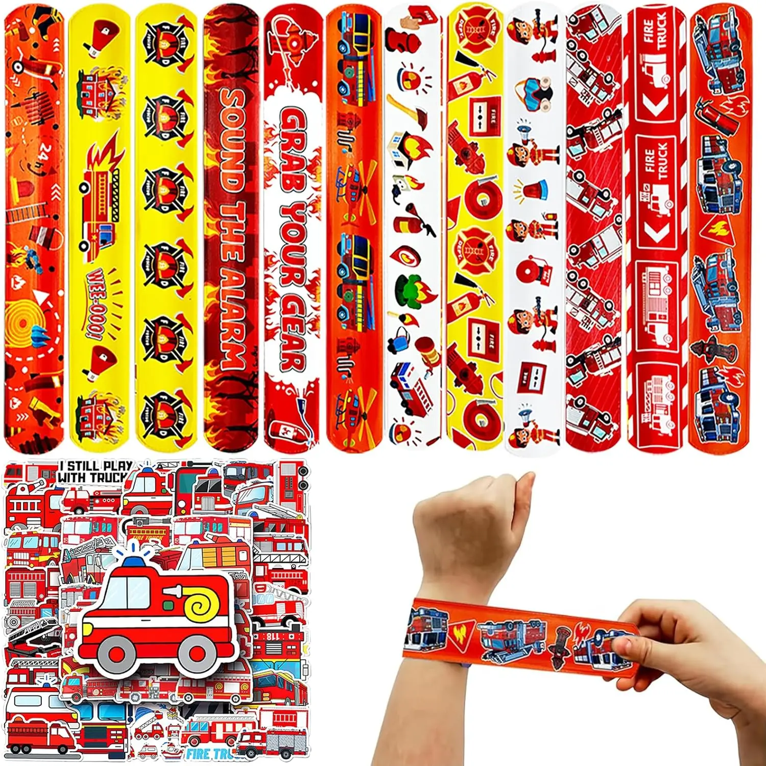 74Pcs Fire Engine Car Themes Gift Set - 24 Slap-On Bracelets, 50 Stickers for Birthday Party Decorations, Classroom Rewards Supplies, Plastic, Gifts, Colorful, Party Favor, Paper, 8.6*1.2 Inch, Unisex, 24+50 Pieces