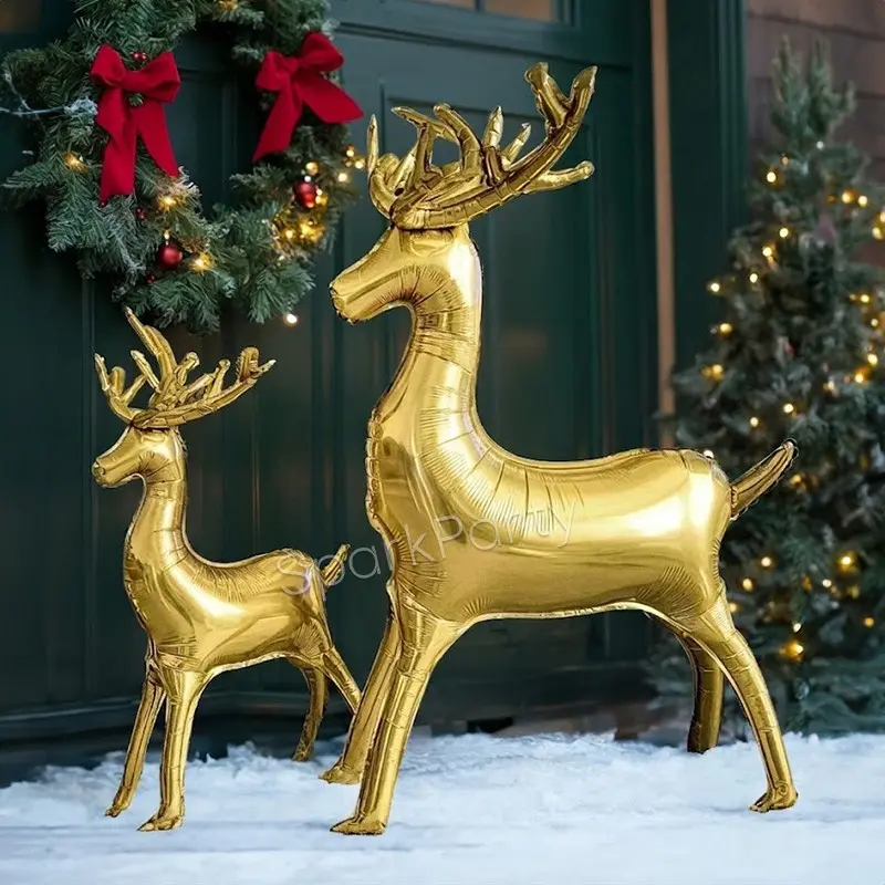 2pcs 3D Standing Christmas Aluminum Foil Balloons, Self-Standing Reindeer Holiday Decor, Xmas Tree Decoration, New Year Party Setup