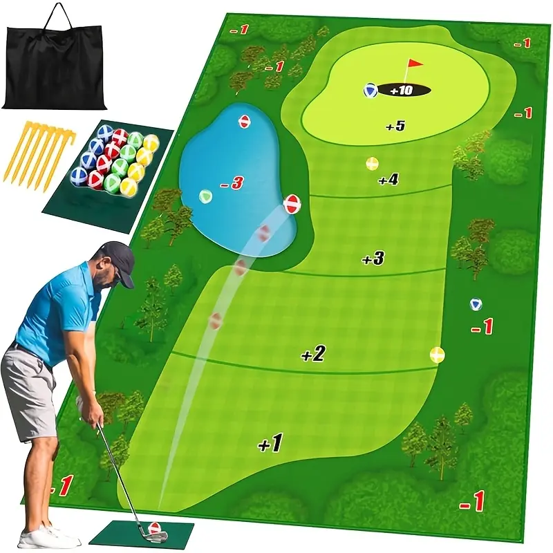 Golf Chipping Game Mat - Indoor Outdoor Golf Games For Adults With Chipping Mat, 12 Sticky Balls, 4 Ground Stakes, Score Card, And 2 Storage Bags-Golf Game For Home Backyard Office