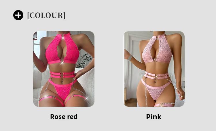 lingerie sets for women sexy [aceLingerie Set, Sexy Pink] 4pcs SexyLace Lingerie Set -Women's KnitFabric Underwear with Garter Belt andThigh Band, Hollow Spaghetti StrapDesign, 95% Polyester 5% Elastane,All-Season Solid Color, 90g/m Womenswear Comfort