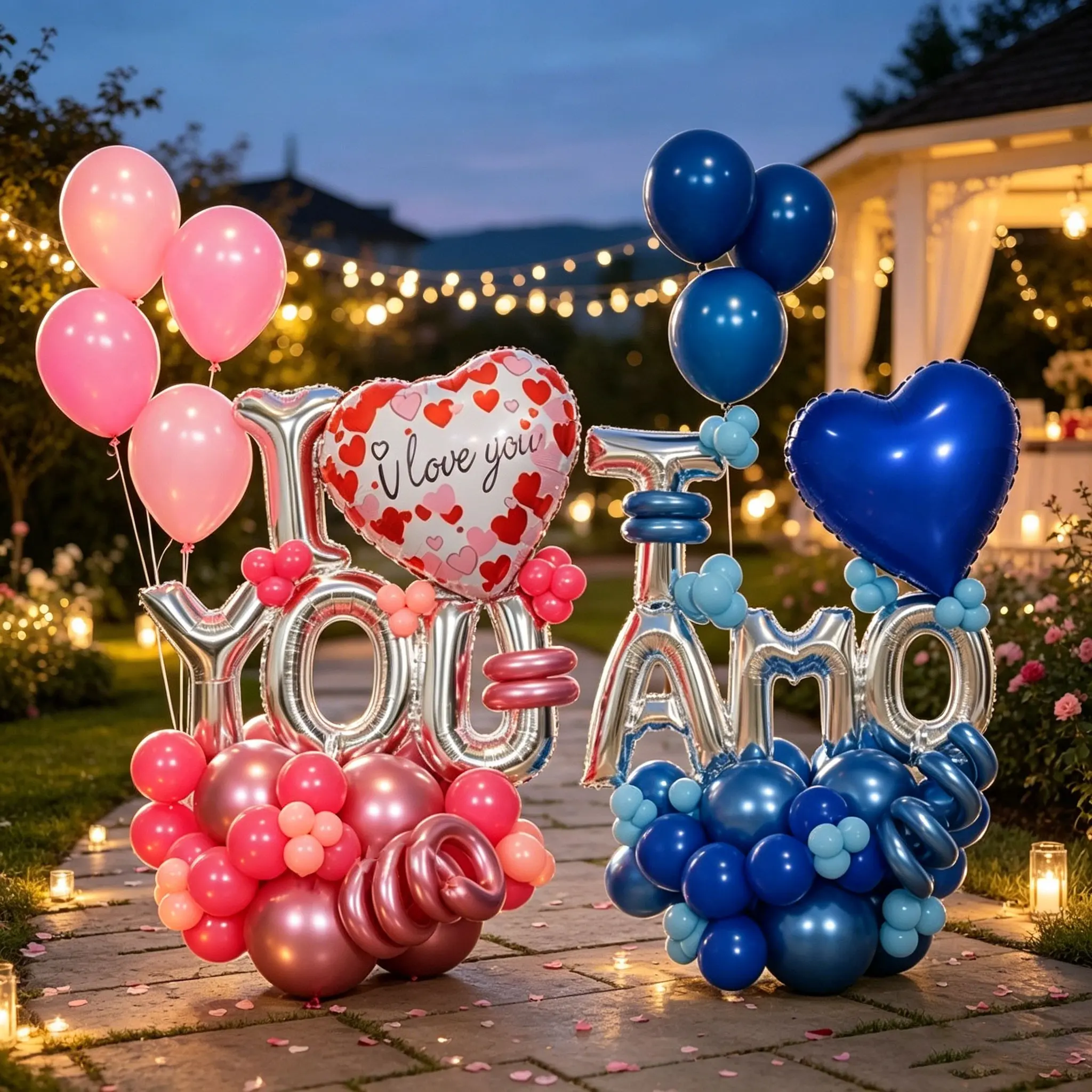 A romantic bilingual confession balloon stand, featuring a 16-inch silver "I LOVE YOU" and "TE AMO" foil balloon, heart-shaped balloons, and multicolored latex balloons. Available in pink or blue. Ideal for Valentine’s Day, surprise romantic confessions