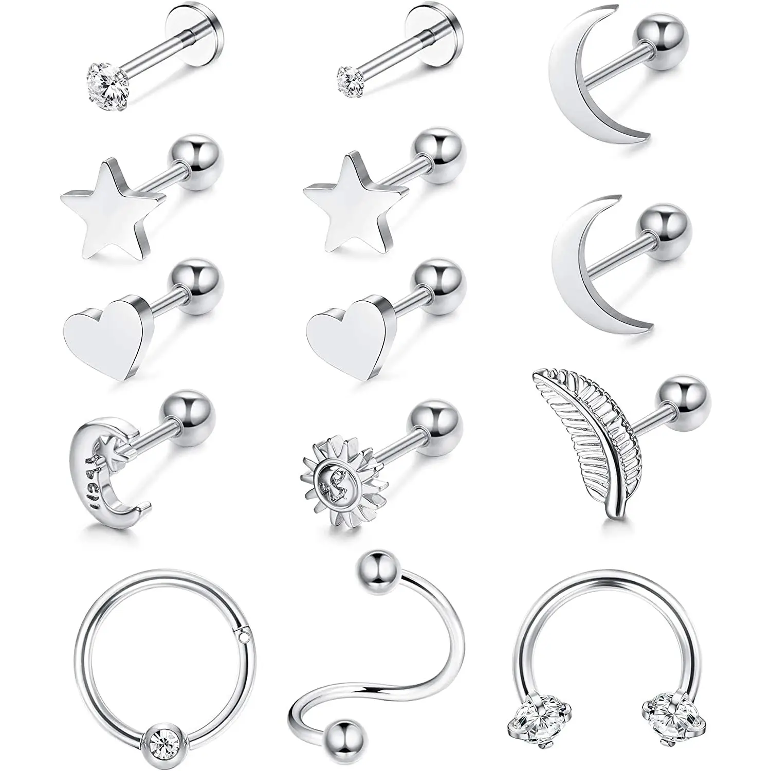 14 Pcs Surgical Steel Ear Piercing Stud Set for Men Women, Multi Style Cartilage Helix Tragus Unisex Multi Piercing Wearing Jewelry