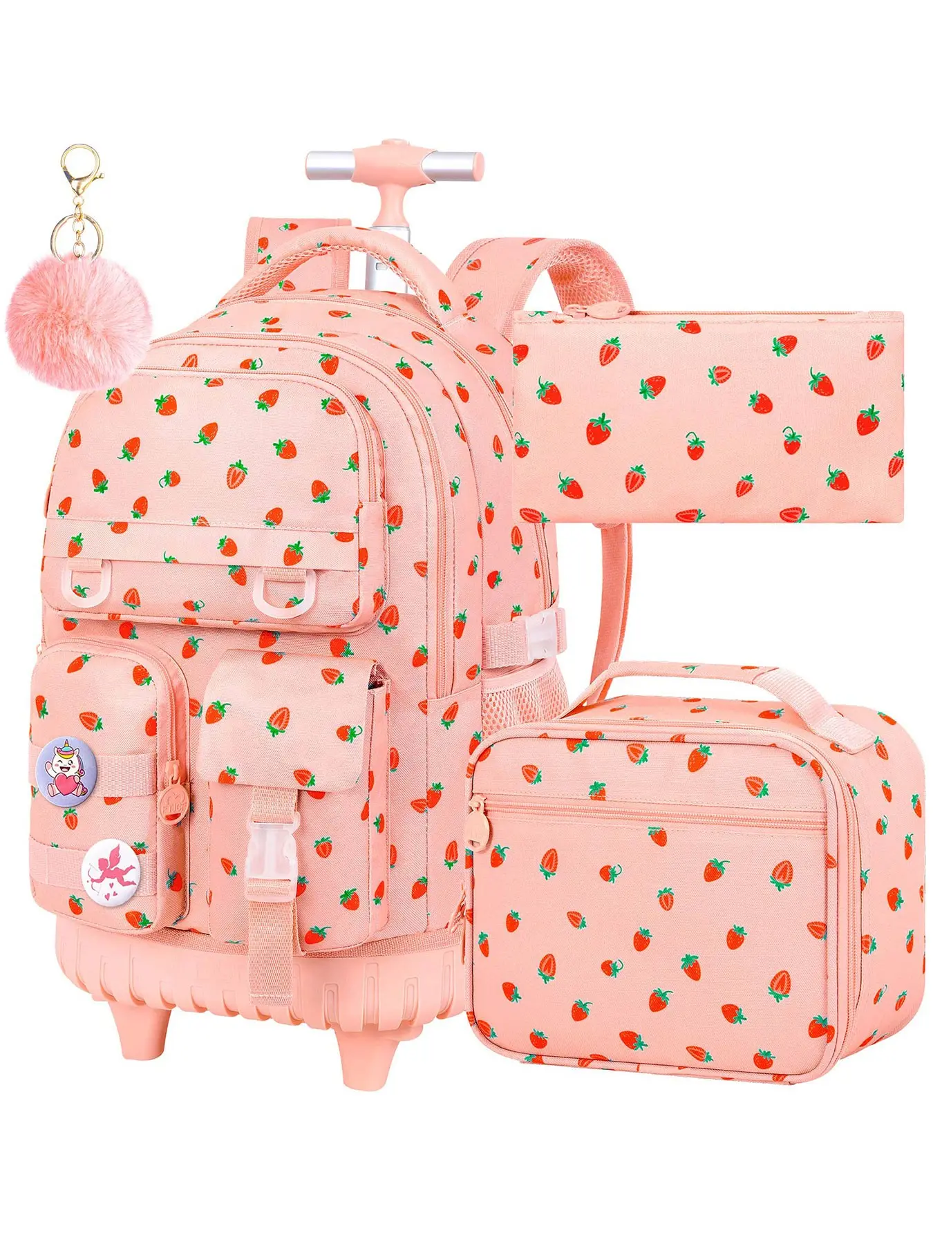 Pink Strawberry Rolling Backpack Set for Girls 3Pcs Kids Wheeled Trolley School Bag with Lunch Box Pencil Case Large Capacity Lightweight Primary Student Backpack with Pom Pom Charm