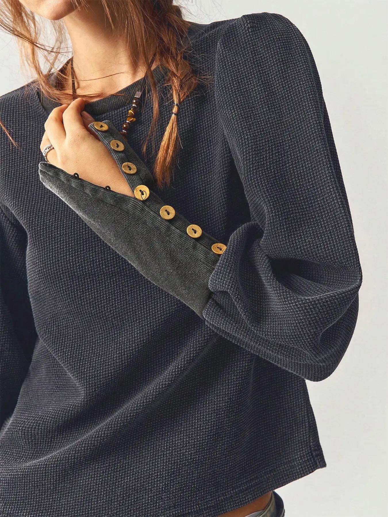 Women's Solid Color Button Decor Basic Tee, Casual Long Sleeve Round Neck Jumper T-shirt for Spring & Fall, Fashion Women's Clothes for Daily Wear, Tops